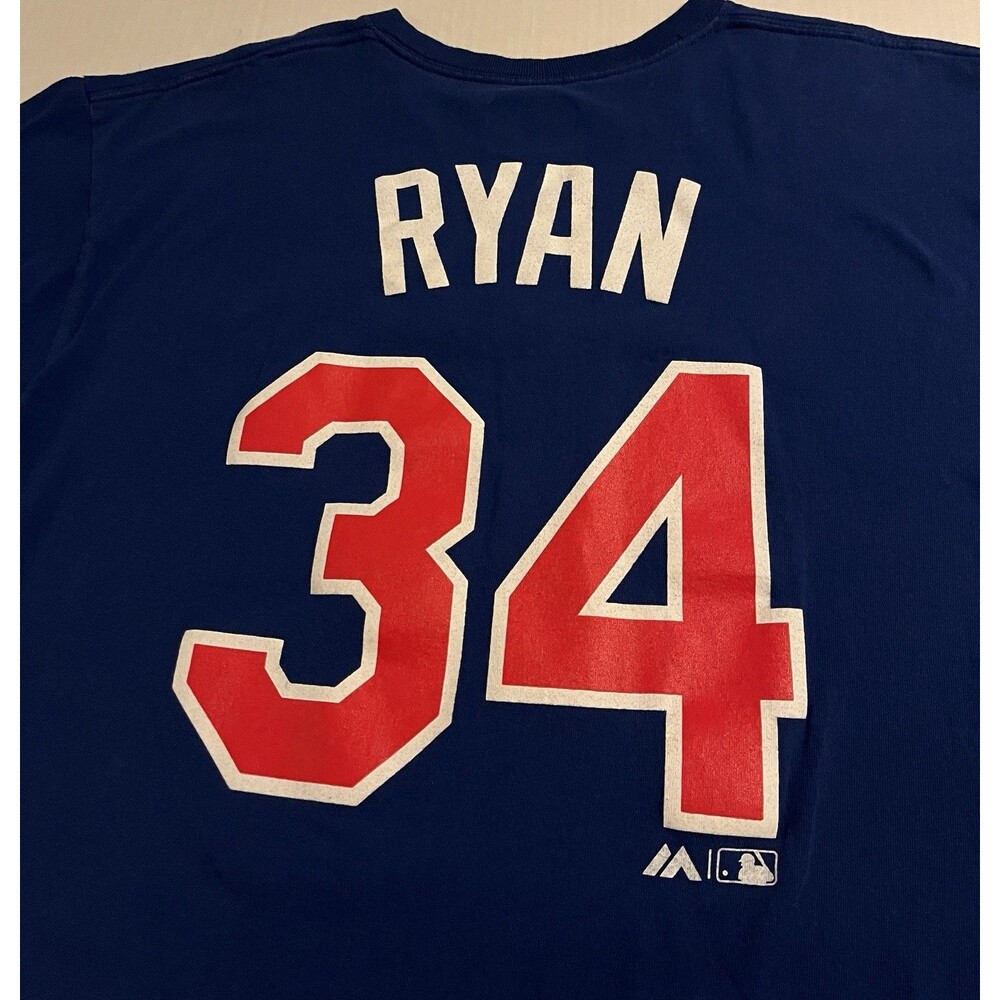 Vintage Majestic Nolan Ryan Texas Rangers #34 MLB Jersey T-Shirt LARGE Blue Y2K